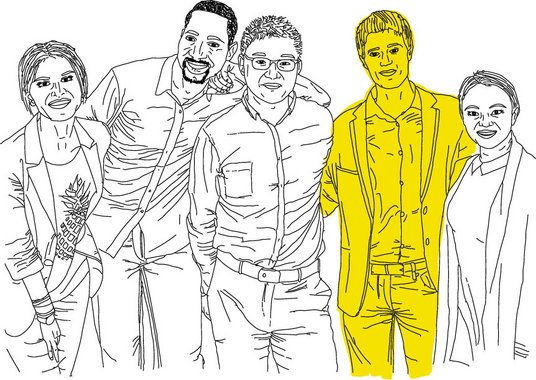 Illustration eines Gruppenfotos mit fünf Personen. Eine Person ist gelb markiert.